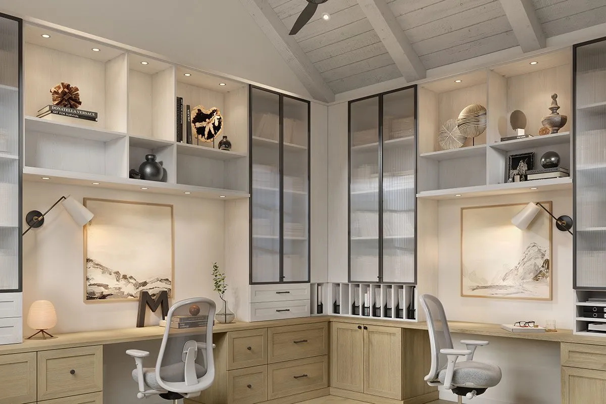 Home-office-two-workstations-two-story-floor-to-ceiling-storage-puck-led-lighting-california-closets-1