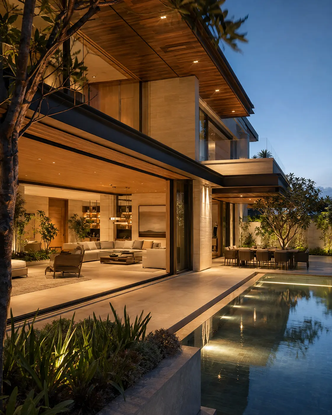 Integrated interior and exterior villa design with terrace and swimming pool