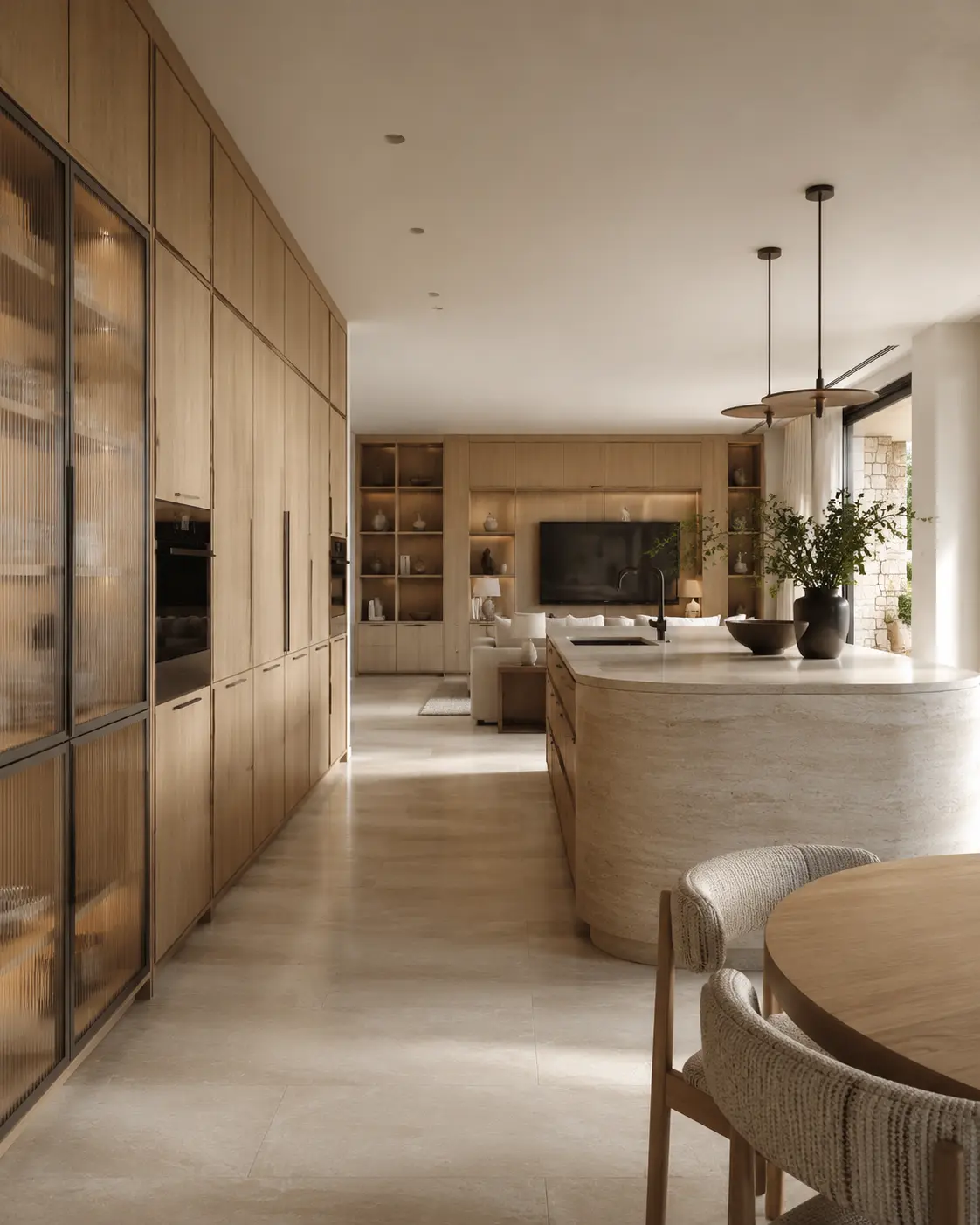 Warm modern whole-house cabinet design with oak kitchen and living room storage
