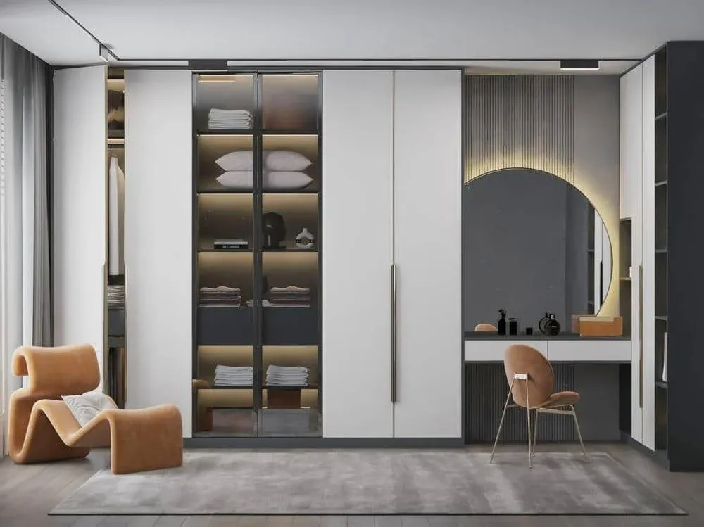 Modern White built in closet with dresser