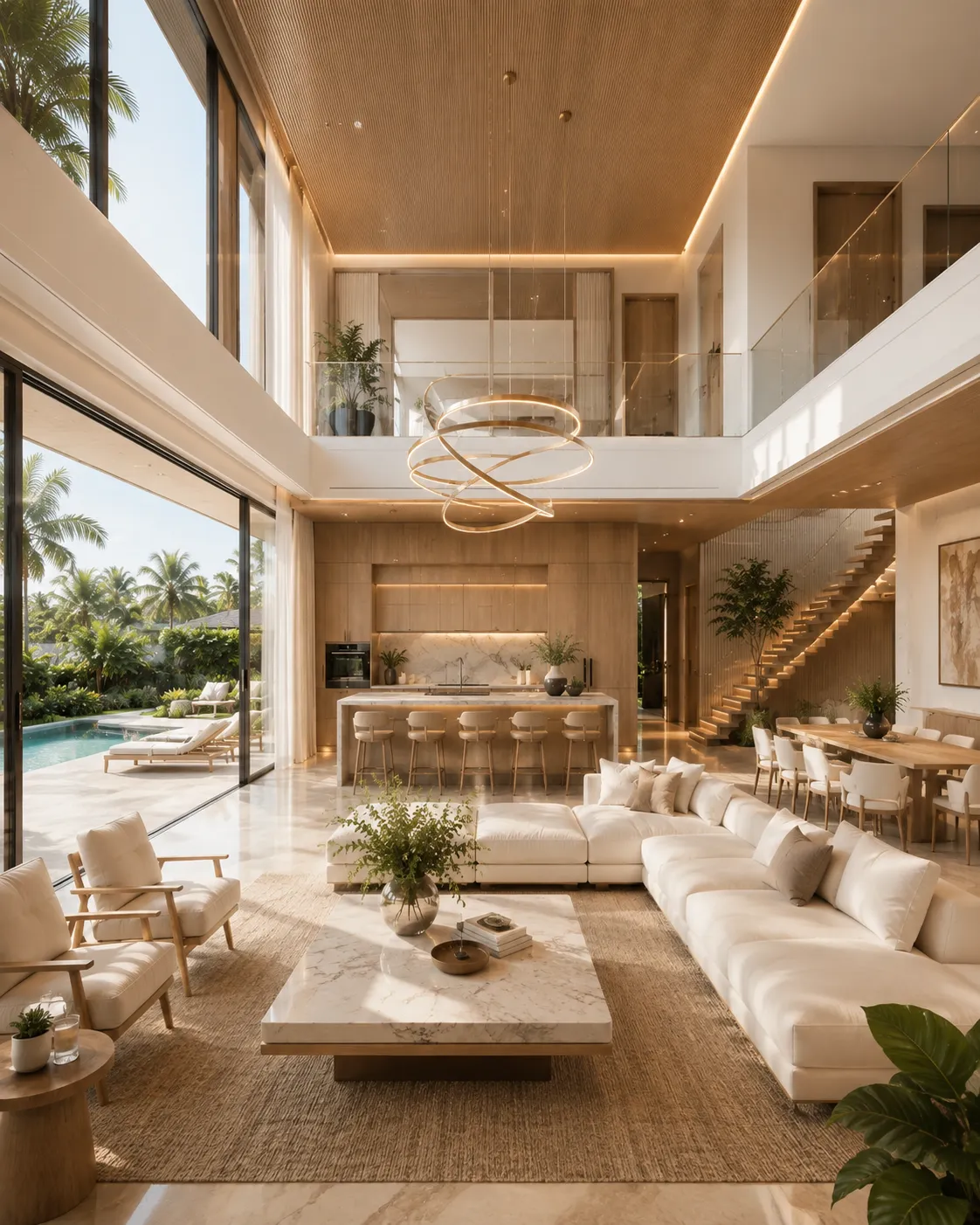 Full interior design for a warm modern luxury living dining and kitchen space